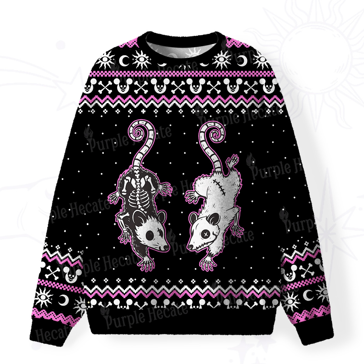 Purplehecate Moonlit Skeleton Rats Fuzzy Ugly Sweatshirt