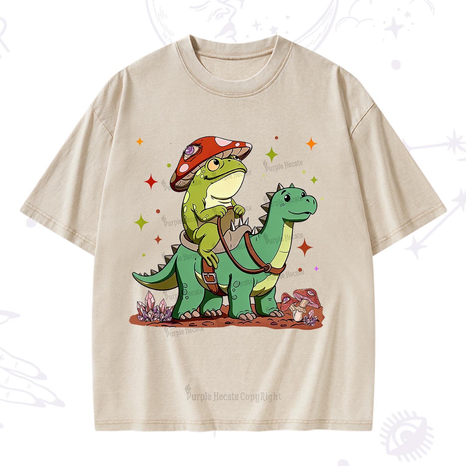 Purplehecate  Frog Riding a Dinosaur Washed T-Shirt
