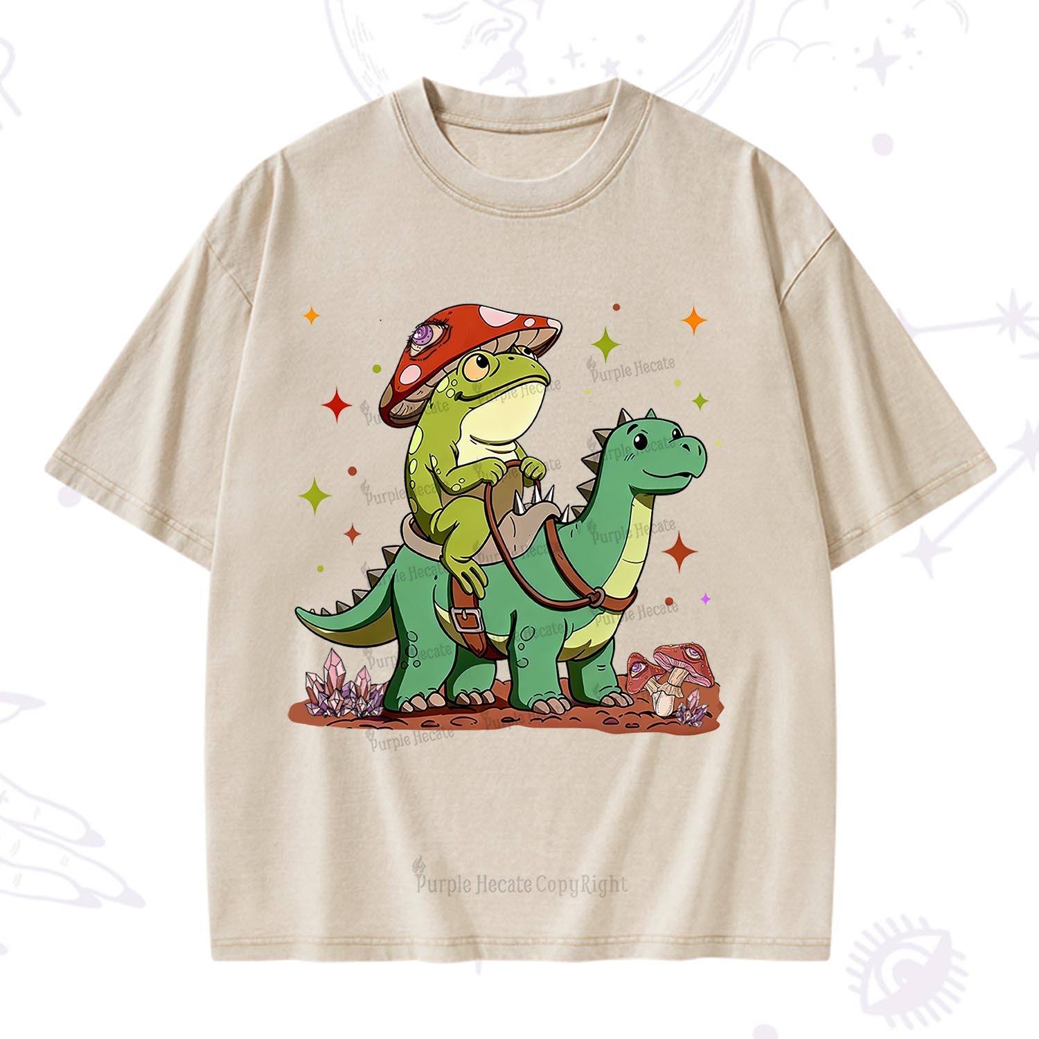 Purplehecate  Frog Riding a Dinosaur Washed T-Shirt