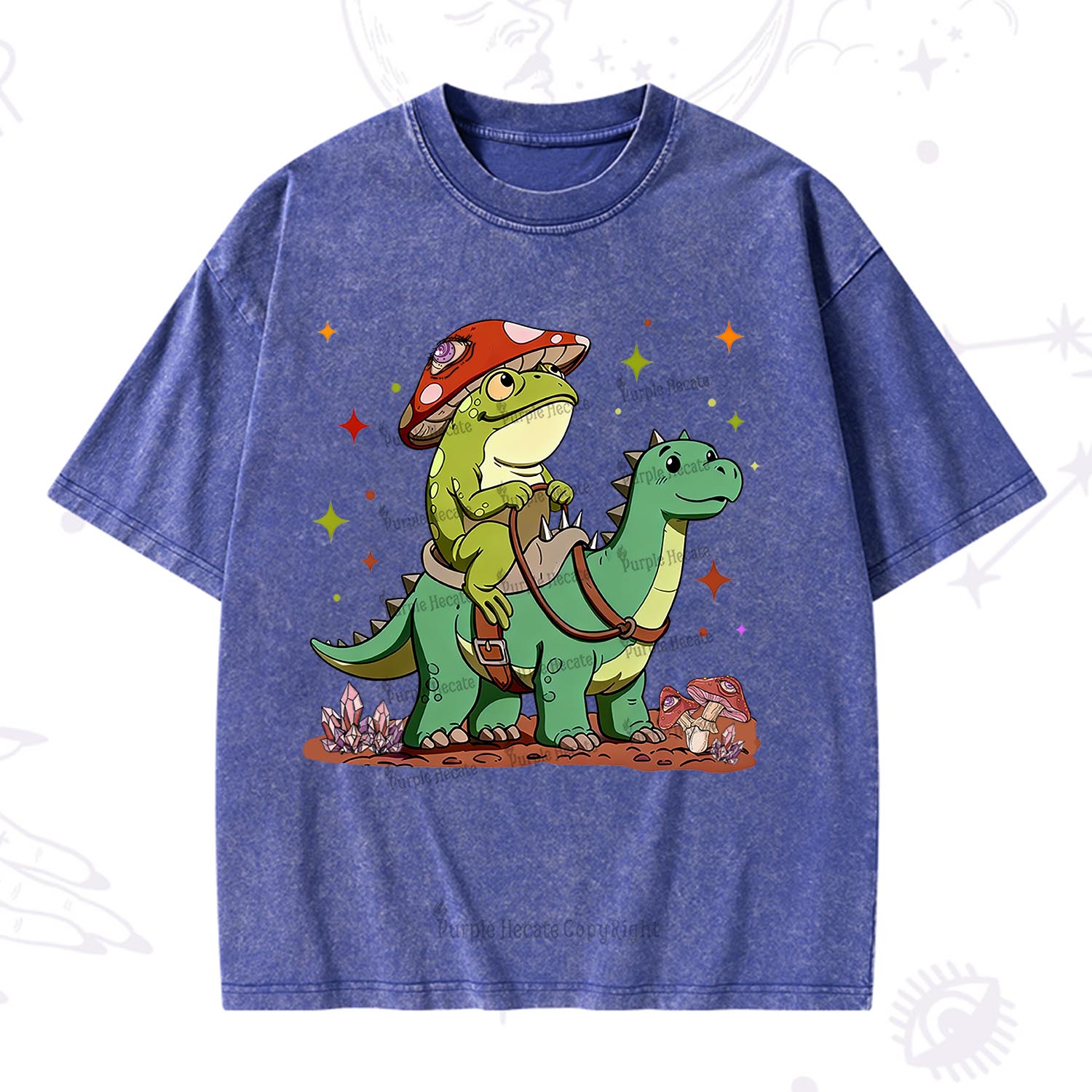 Purplehecate  Frog Riding a Dinosaur Washed T-Shirt