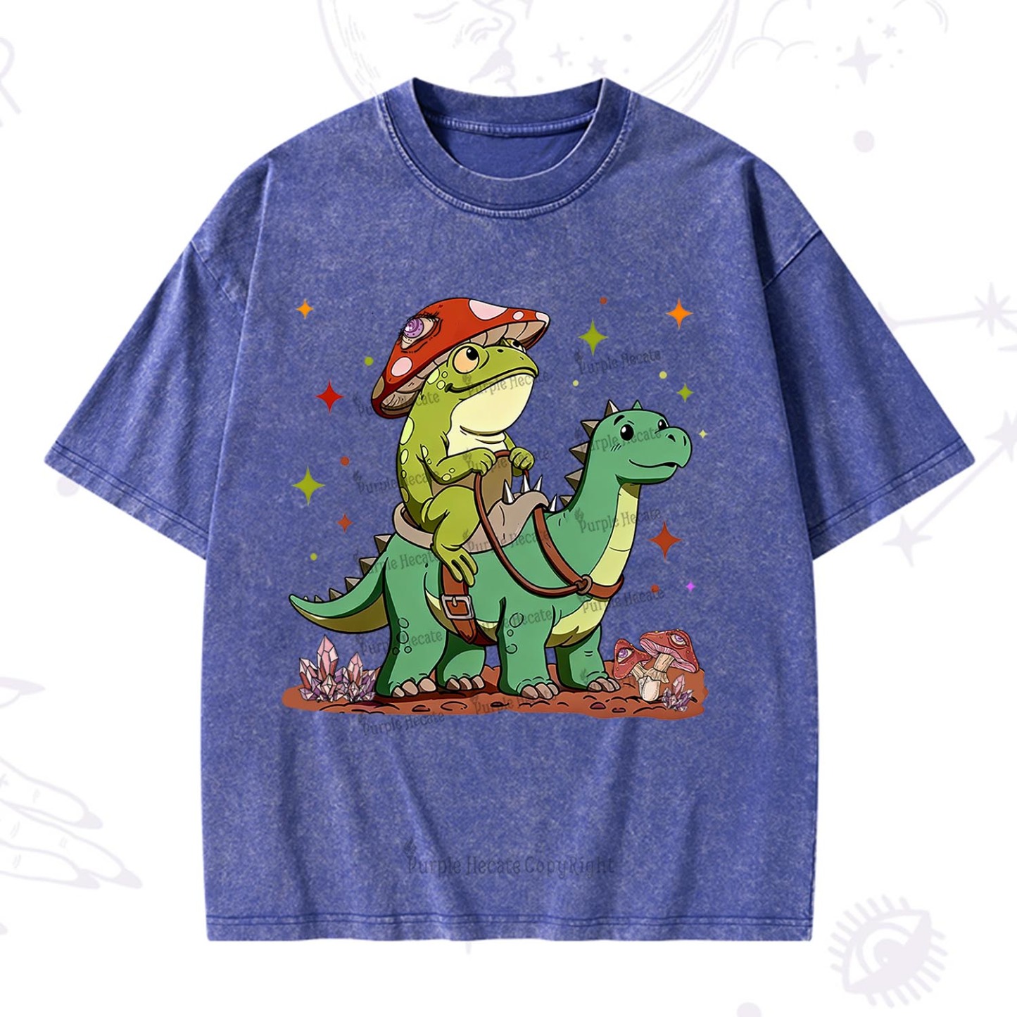 Purplehecate  Frog Riding a Dinosaur Washed T-Shirt