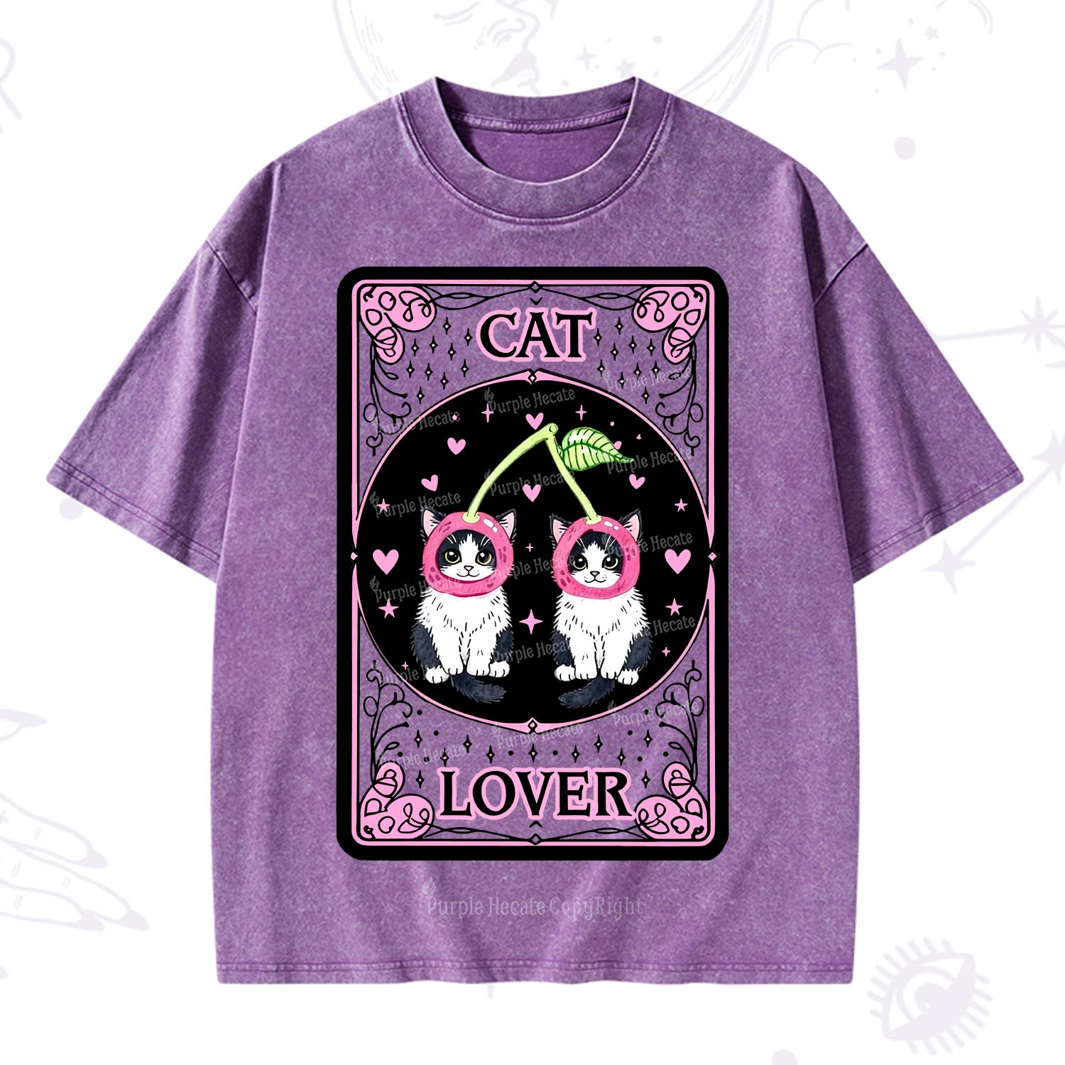 Purplehecate The Lovers Cherry Cat Tarot Washed T-Shirt