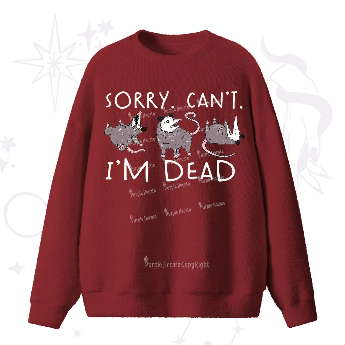 Purplehecate Funny Possum Sorry I Can't I'm Dead Fuzzy Ugly Sweater