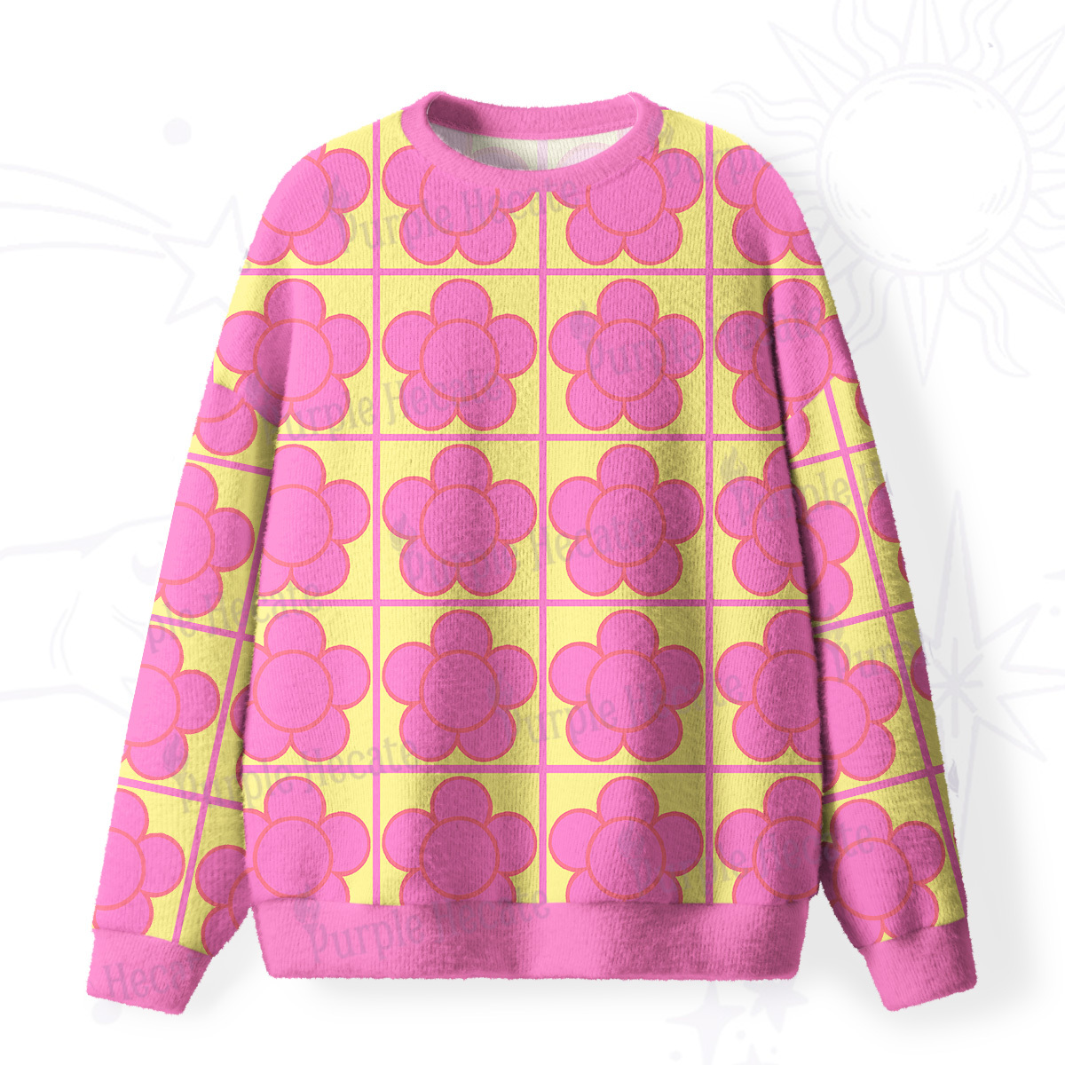 Purplehecate Bubble Flower Checkered Fuzzy Ugly Sweatshirt