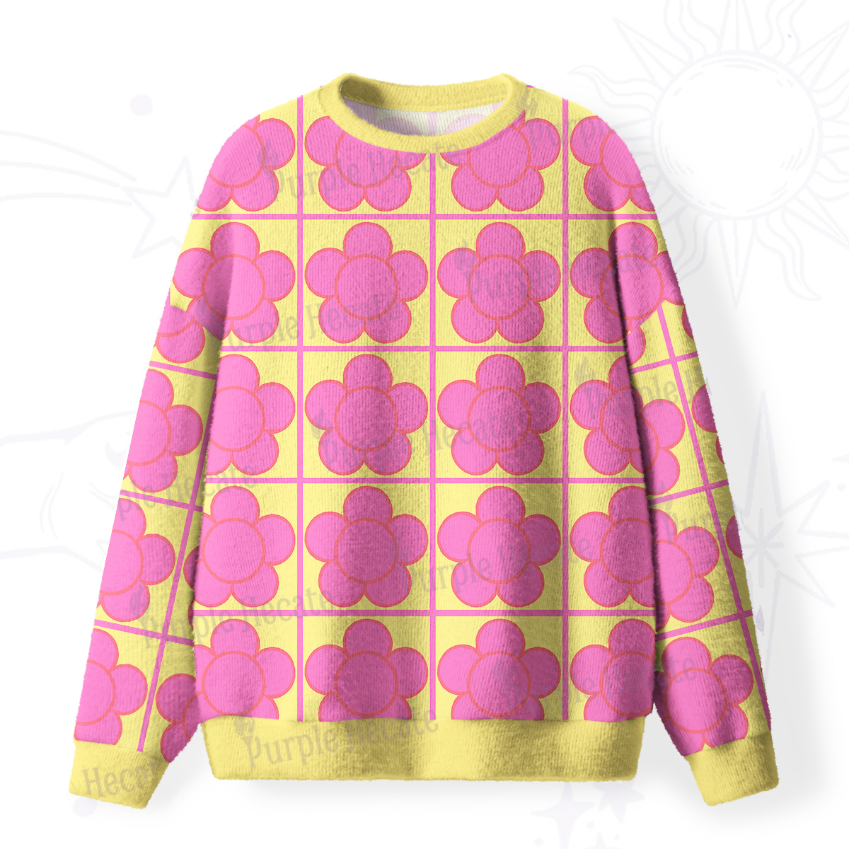 Purplehecate Bubble Flower Checkered Fuzzy Ugly Sweatshirt