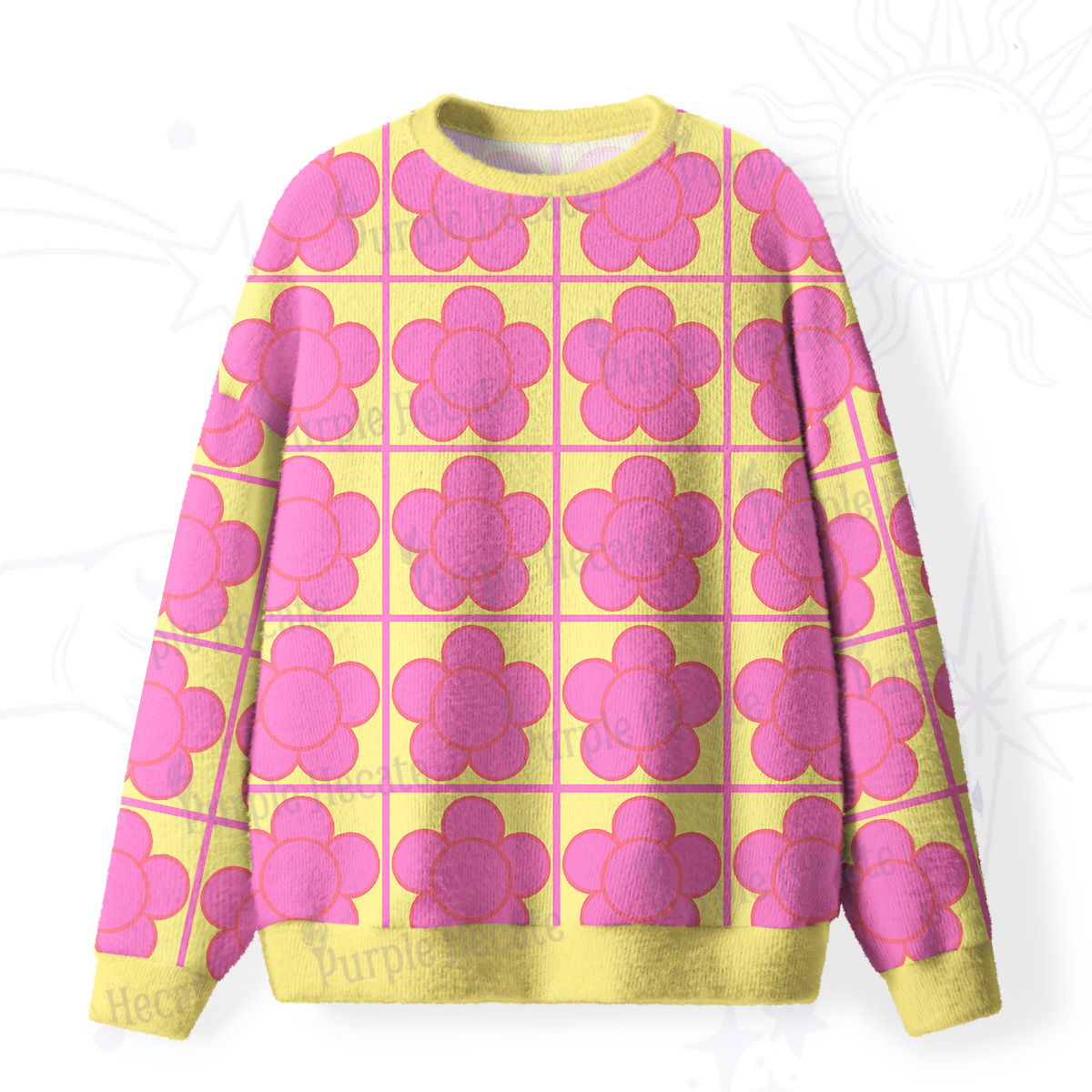 Purplehecate Bubble Flower Checkered Fuzzy Ugly Sweatshirt