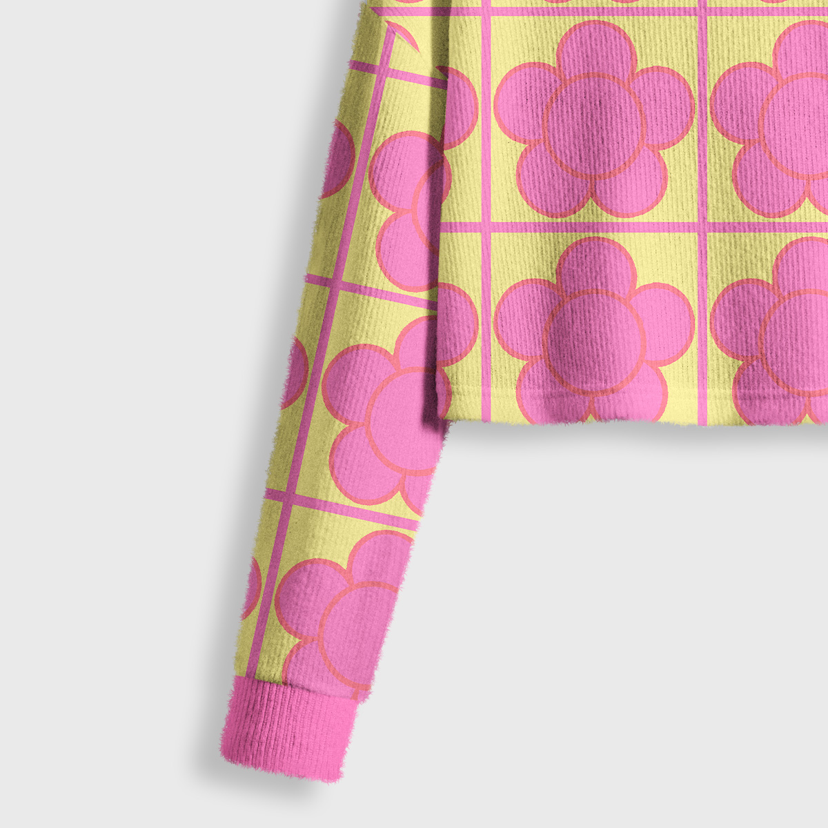 Purplehecate Bubble Flower Checkered Crop Fuzzy Ugly Sweatshirt