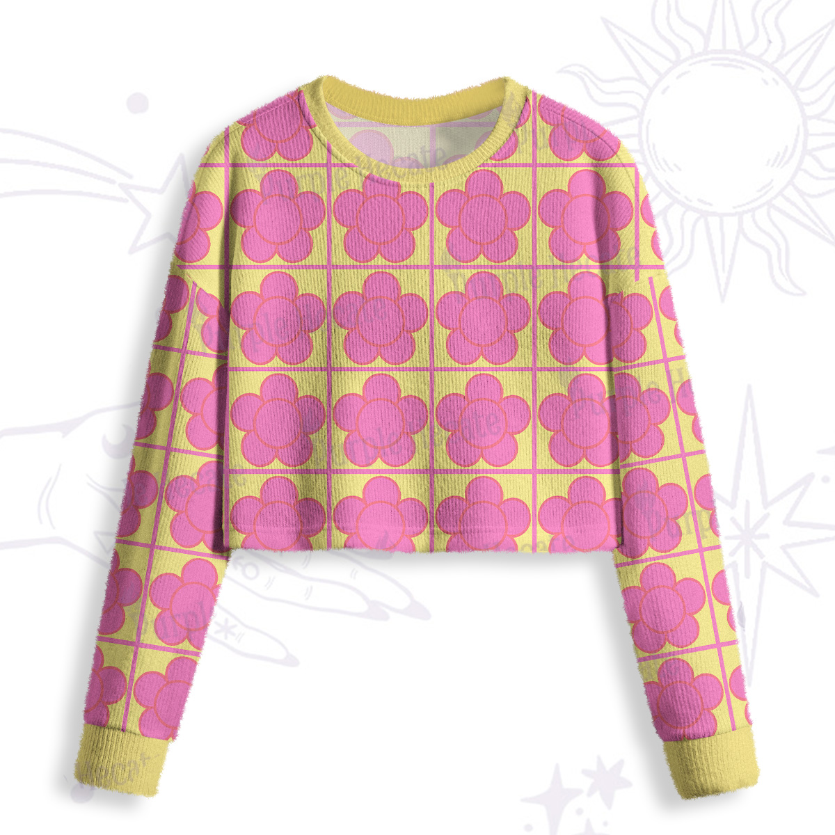Purplehecate Bubble Flower Checkered Crop Fuzzy Ugly Sweatshirt
