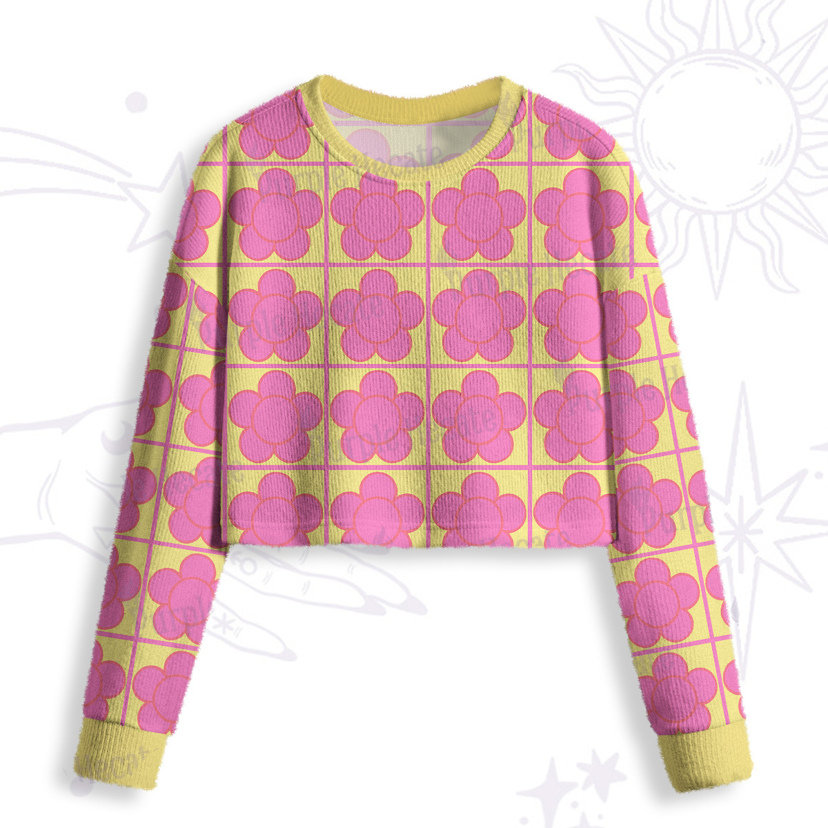 Purplehecate Bubble Flower Checkered Crop Fuzzy Ugly Sweatshirt