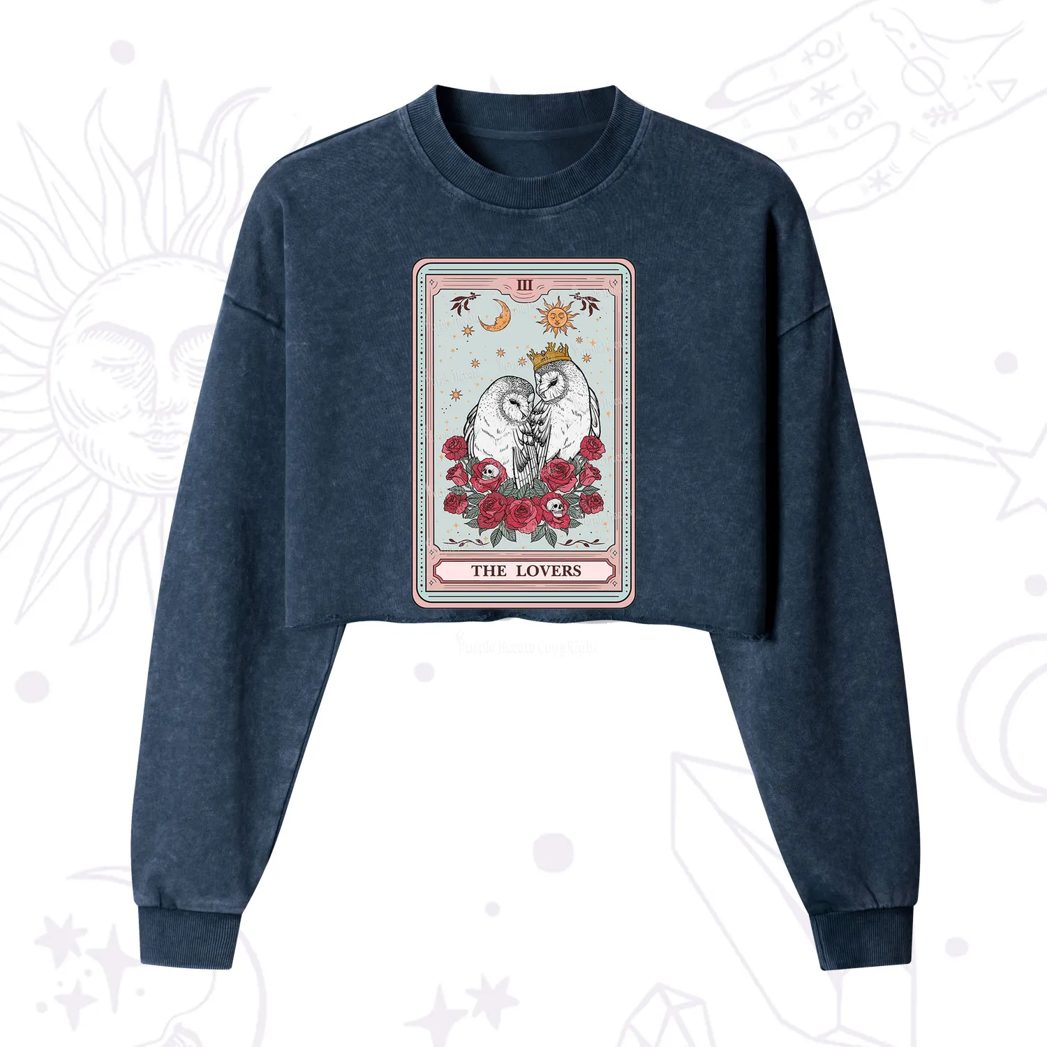 Purplehecate The Lovers Owls Tarot Card Cropped Washed Sweatshirt