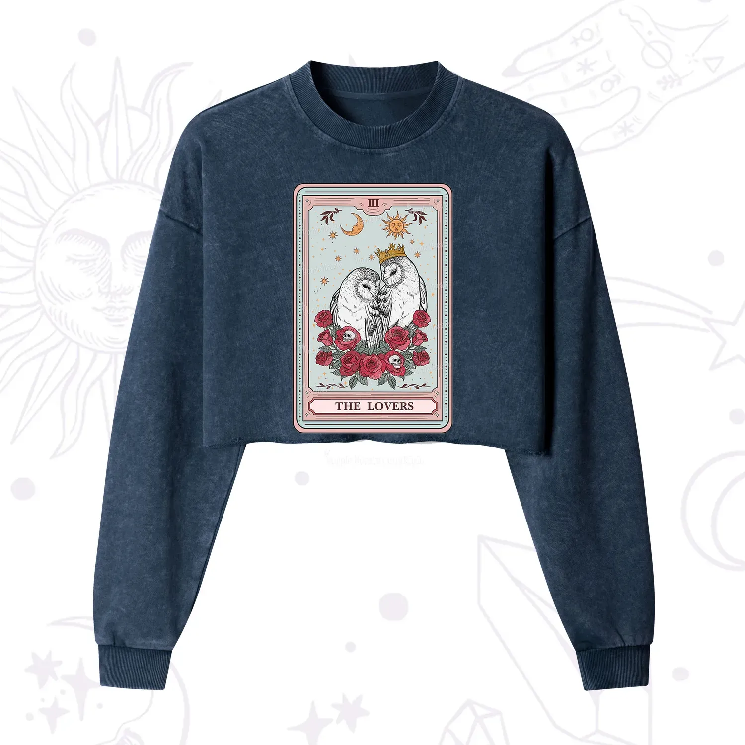 Purplehecate The Lovers Owls Tarot Card Cropped Washed Sweatshirt