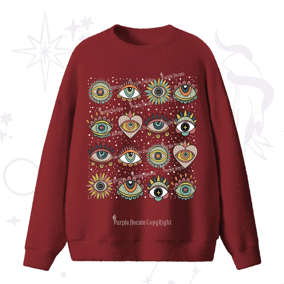 Purplehecate Mystical Evil Eye Pattern Fuzzy Ugly Sweater