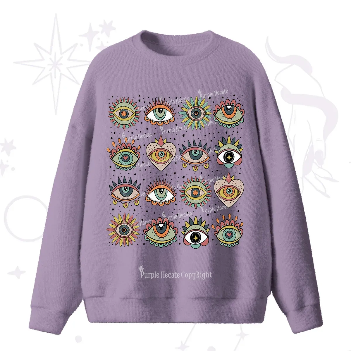 Purplehecate Mystical Evil Eye Pattern Fuzzy Ugly Sweater