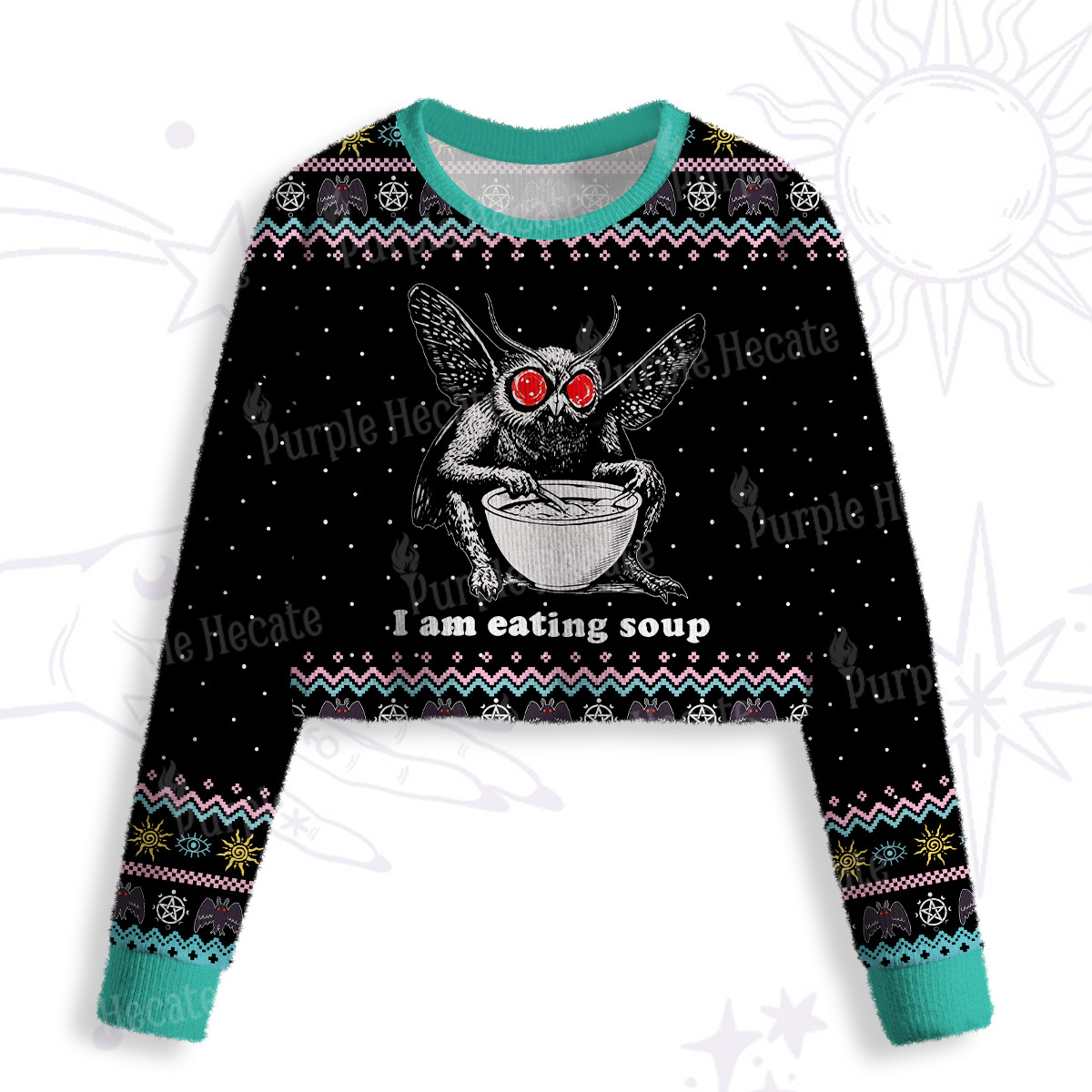 Purplehecate Mothman Eating Soup Crop Fuzzy Ugly Sweatshirt