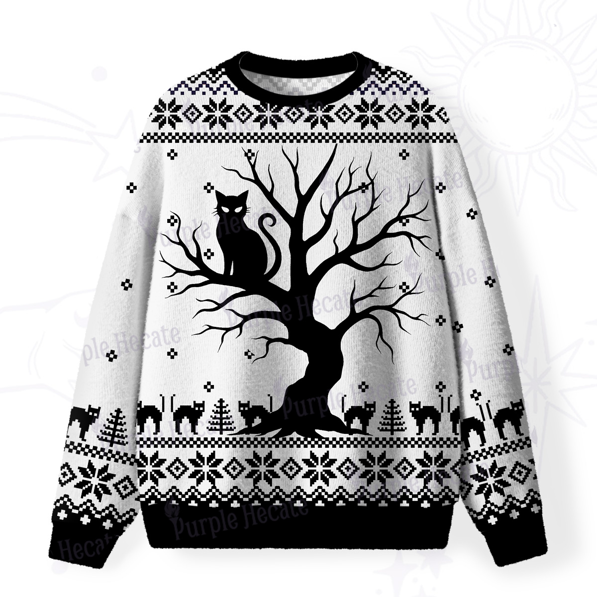 Purplehecate Moonlit Tree Guardian Black Cat Fuzzy Ugly Sweatshirt