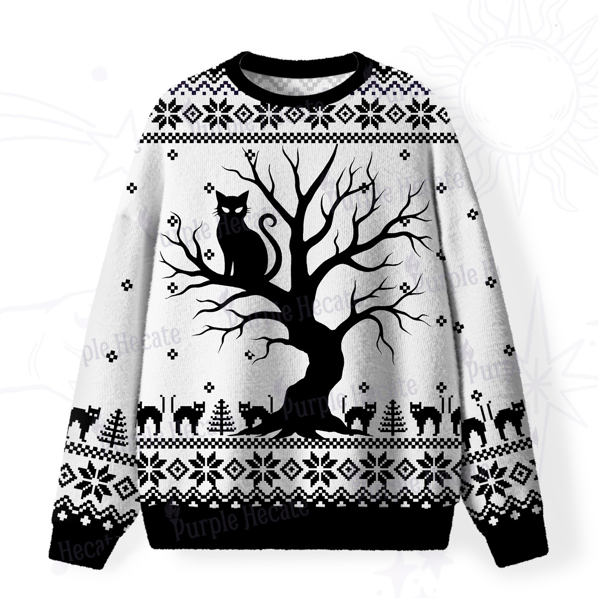 Purplehecate Moonlit Tree Guardian Black Cat Fuzzy Ugly Sweatshirt
