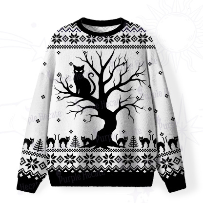 Purplehecate Moonlit Tree Guardian Black Cat Fuzzy Ugly Sweatshirt