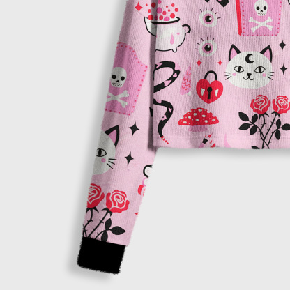 Purplehecate Black Cat Witchy Pink Crop Fuzzy Ugly Sweatshirt