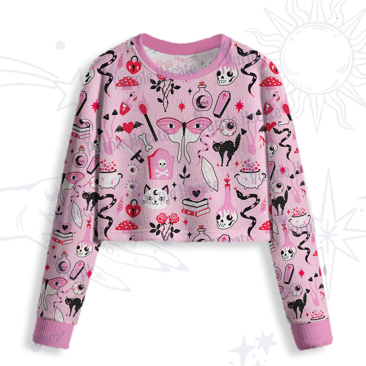 Purplehecate Black Cat Witchy Pink Crop Fuzzy Ugly Sweatshirt