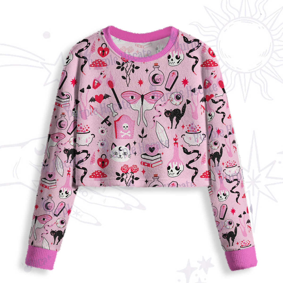 Purplehecate Black Cat Witchy Pink Crop Fuzzy Ugly Sweatshirt