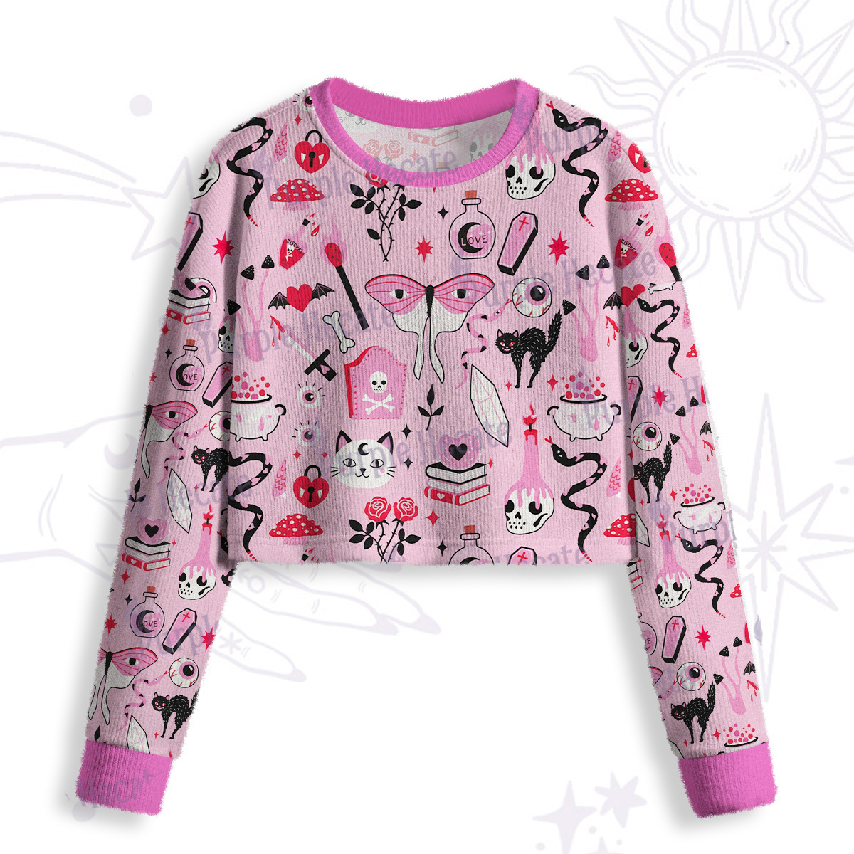Purplehecate Black Cat Witchy Pink Crop Fuzzy Ugly Sweatshirt