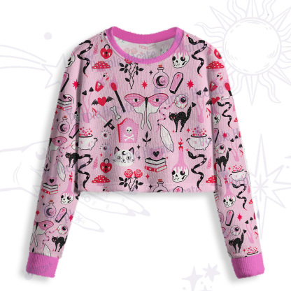Purplehecate Black Cat Witchy Pink Crop Fuzzy Ugly Sweatshirt
