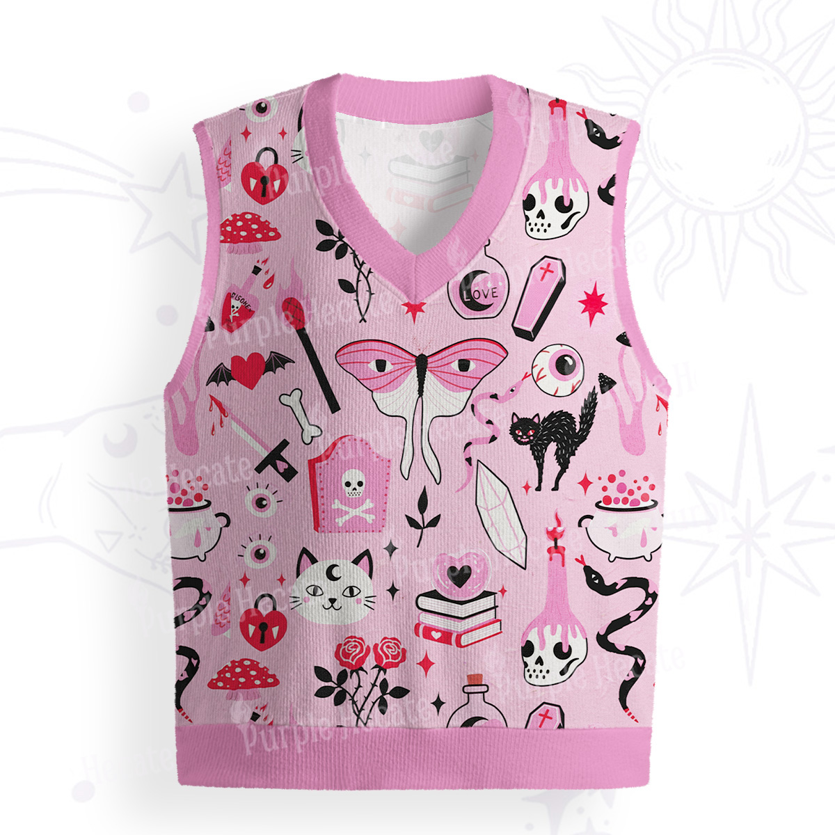 Purplehecate Black Cat Witchy Pink Ugly Sweater Vest