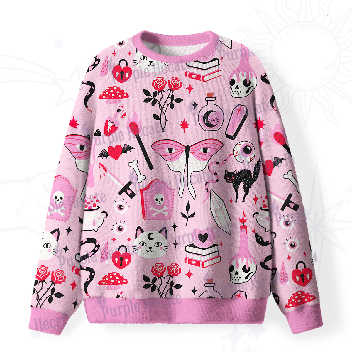 Purplehecate Black Cat Witchy Pink Fuzzy Ugly Sweatshirt