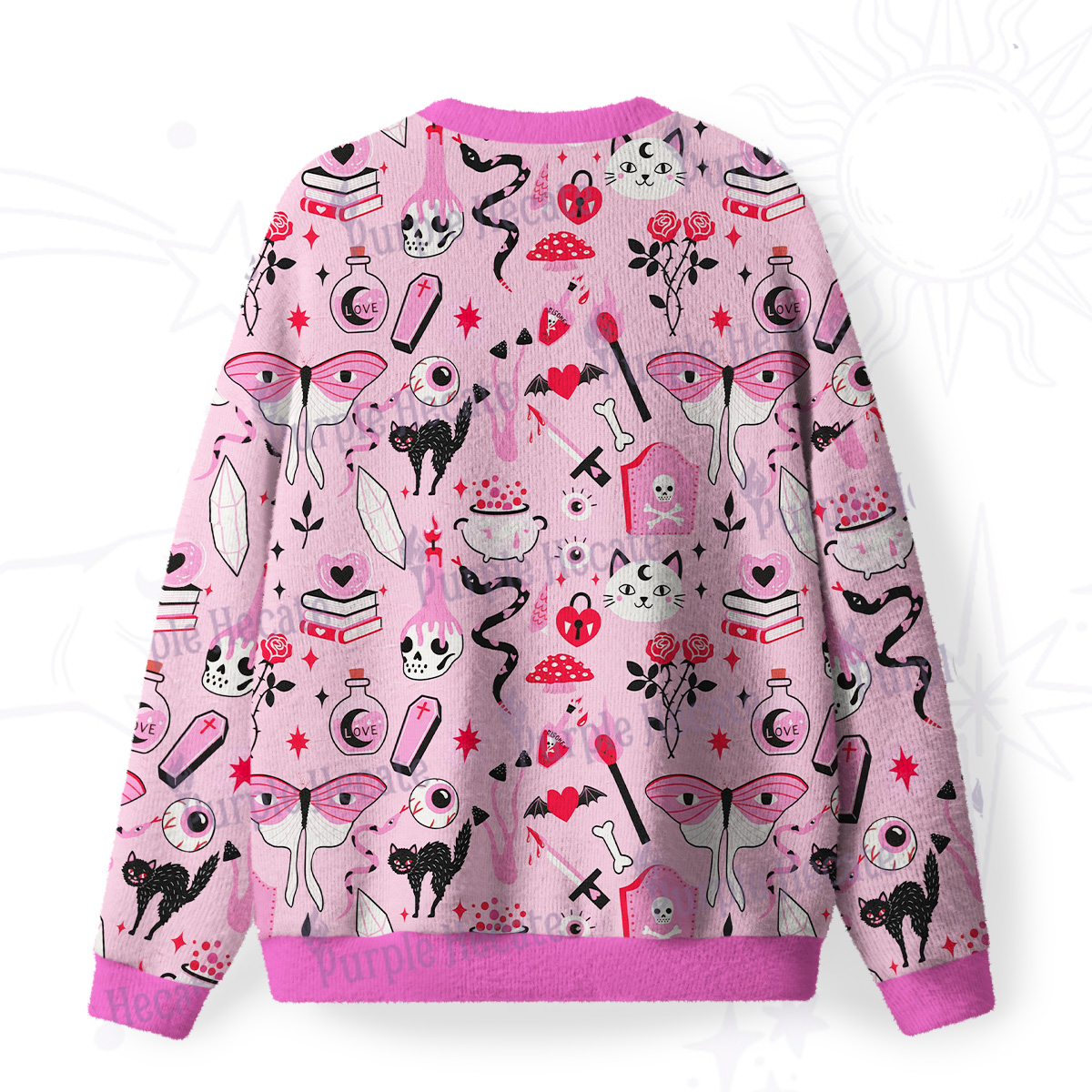 Purplehecate Black Cat Witchy Pink Fuzzy Ugly Sweatshirt