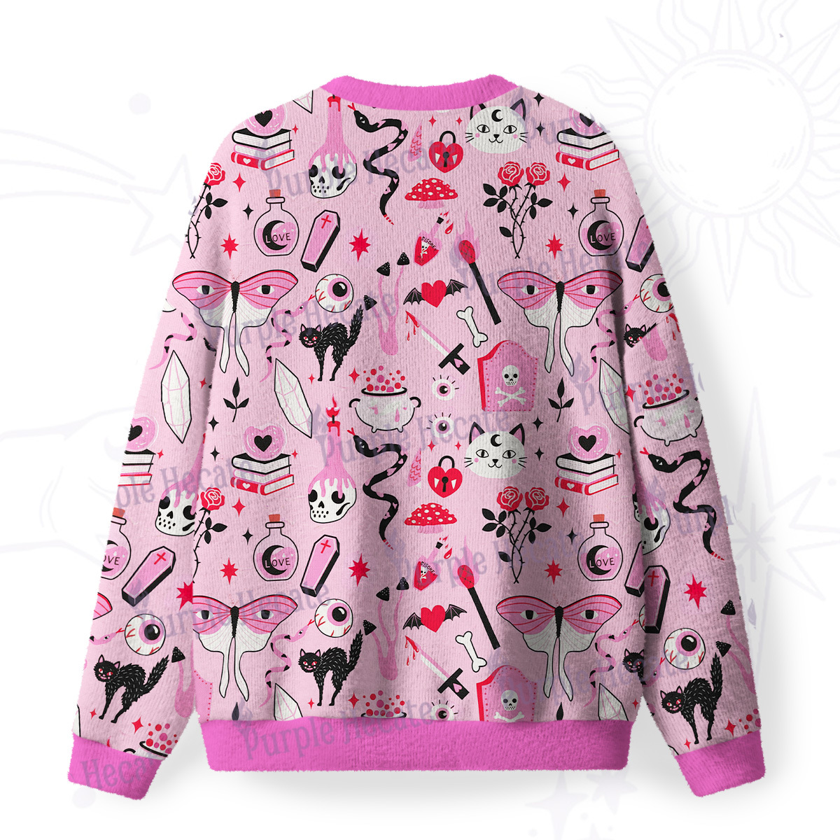 Purplehecate Black Cat Witchy Pink Fuzzy Ugly Sweatshirt