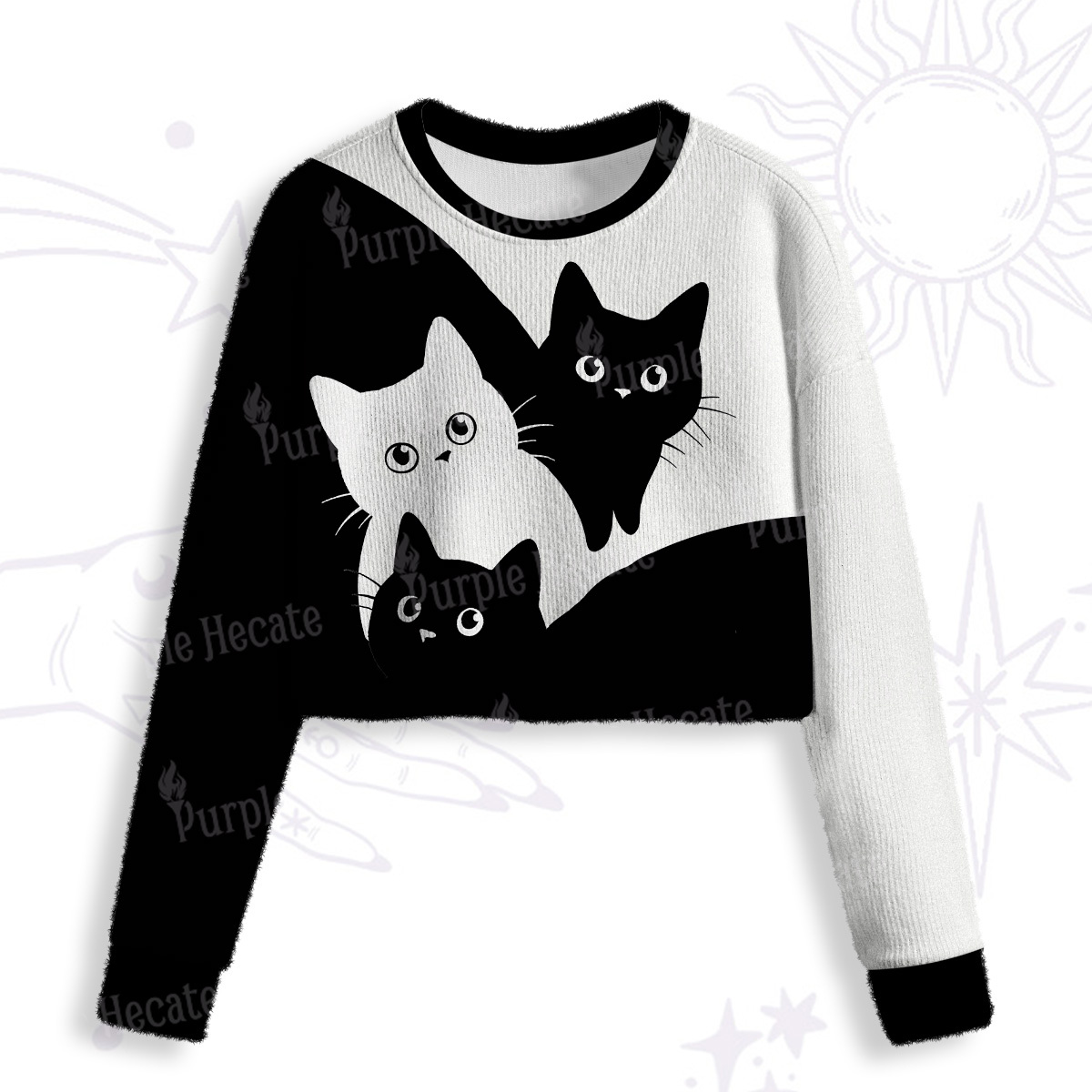 Purplehecate Curious Cats Crop Fuzzy Ugly Sweatshirt