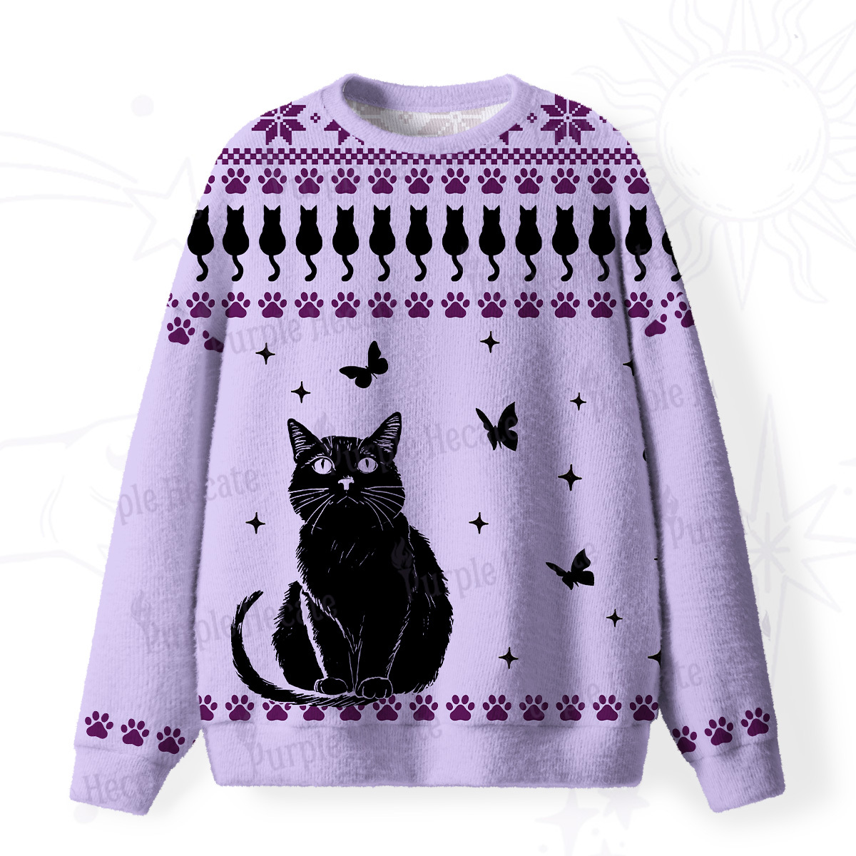 Purplehecate Midnight Pawprints Black Cat Fuzzy Ugly Sweatshirt