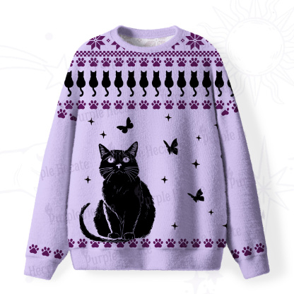 Purplehecate Midnight Pawprints Black Cat Fuzzy Ugly Sweatshirt
