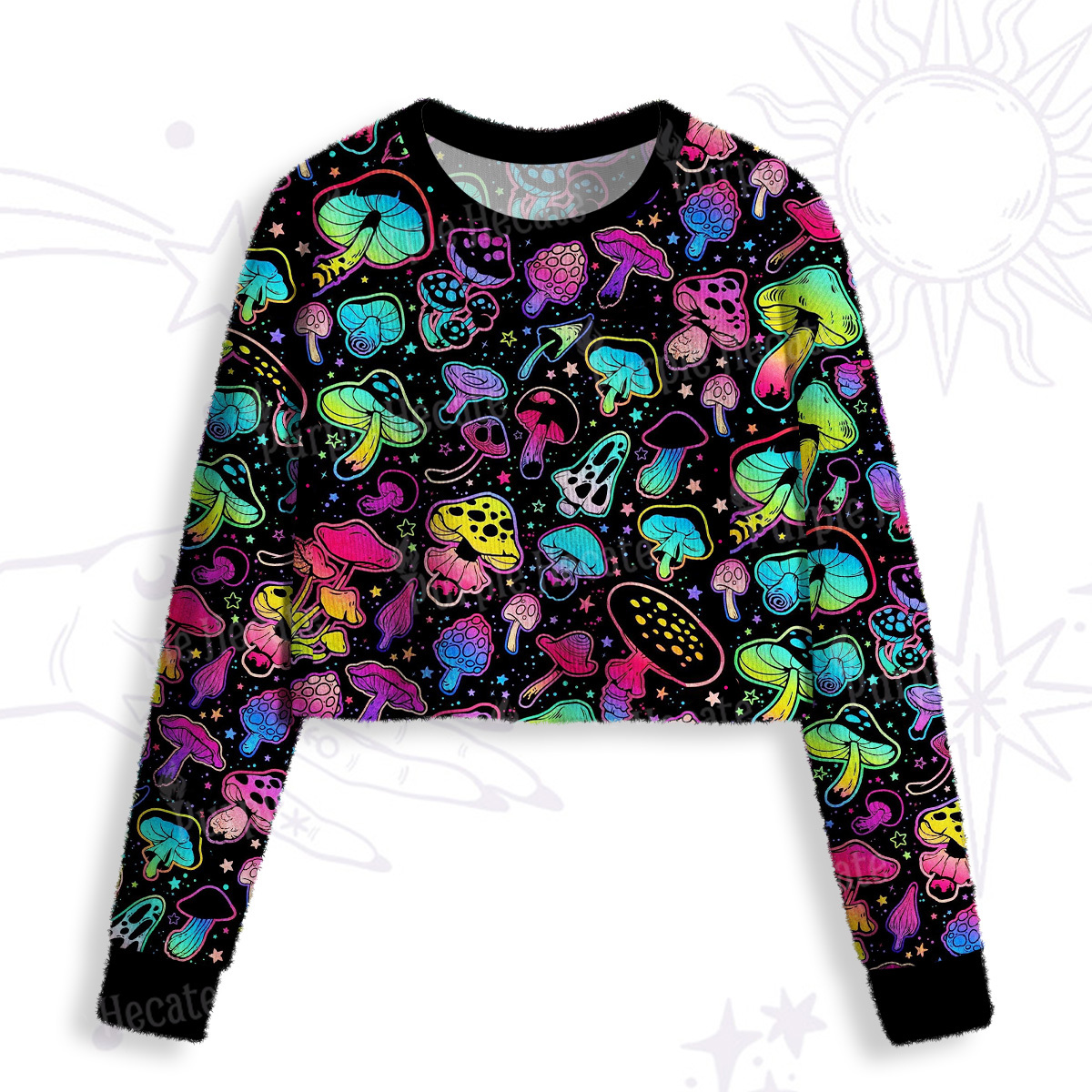 Purplehecate Psychedelic Mushroom Rave Crop Fuzzy Ugly Sweatshirt