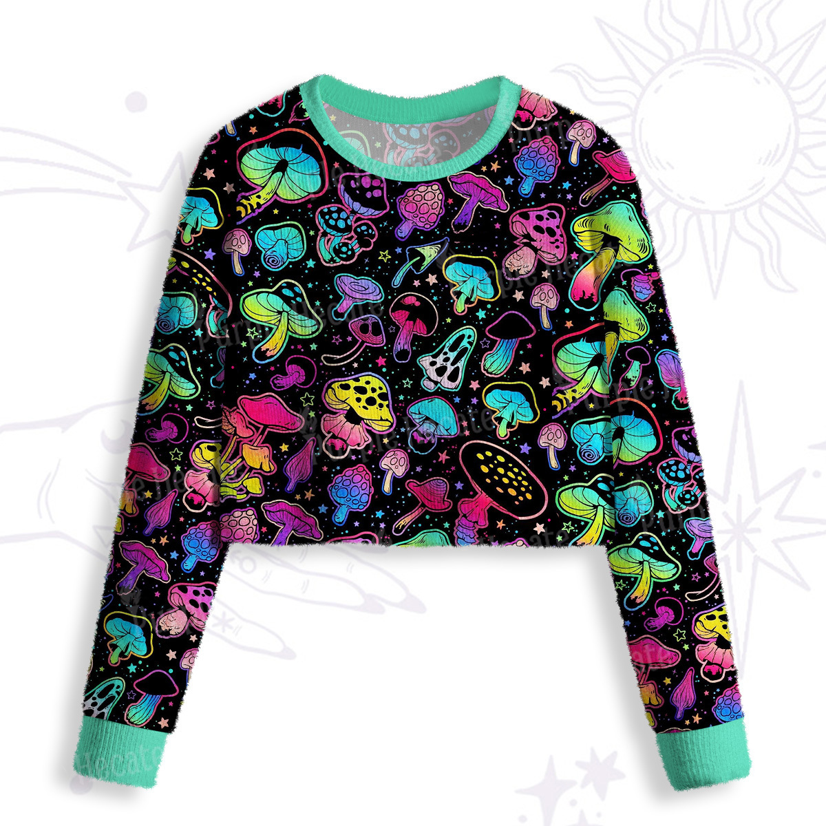 Purplehecate Psychedelic Mushroom Rave Crop Fuzzy Ugly Sweatshirt