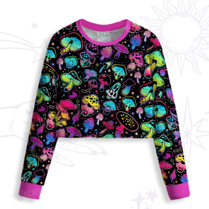Purplehecate Psychedelic Mushroom Rave Crop Fuzzy Ugly Sweatshirt
