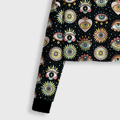 Purplehecate Mystical Evil Eye Pattern Crop Fuzzy Ugly Sweatshirt