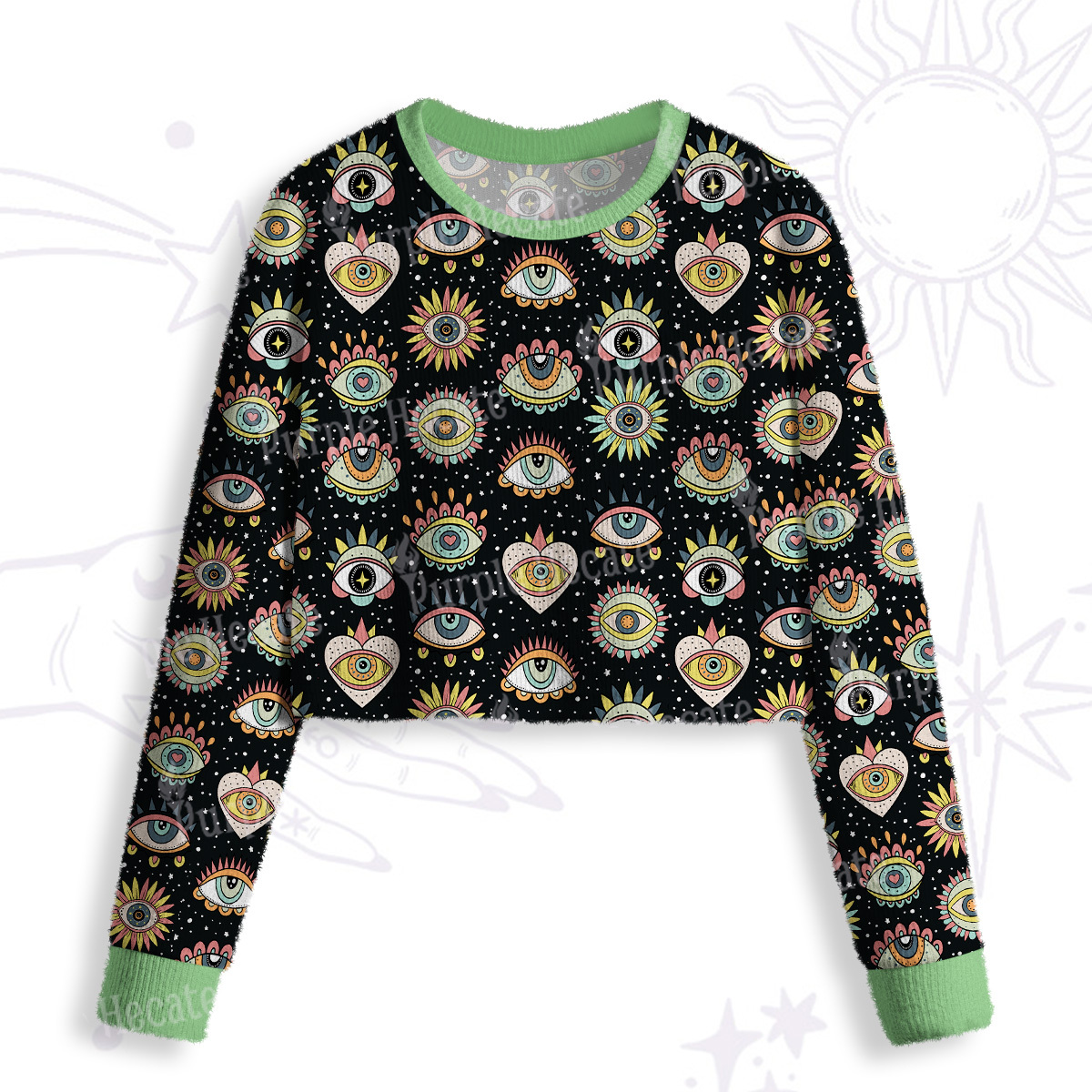 Purplehecate Mystical Evil Eye Pattern Crop Fuzzy Ugly Sweatshirt