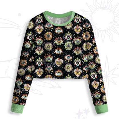 Purplehecate Mystical Evil Eye Pattern Crop Fuzzy Ugly Sweatshirt