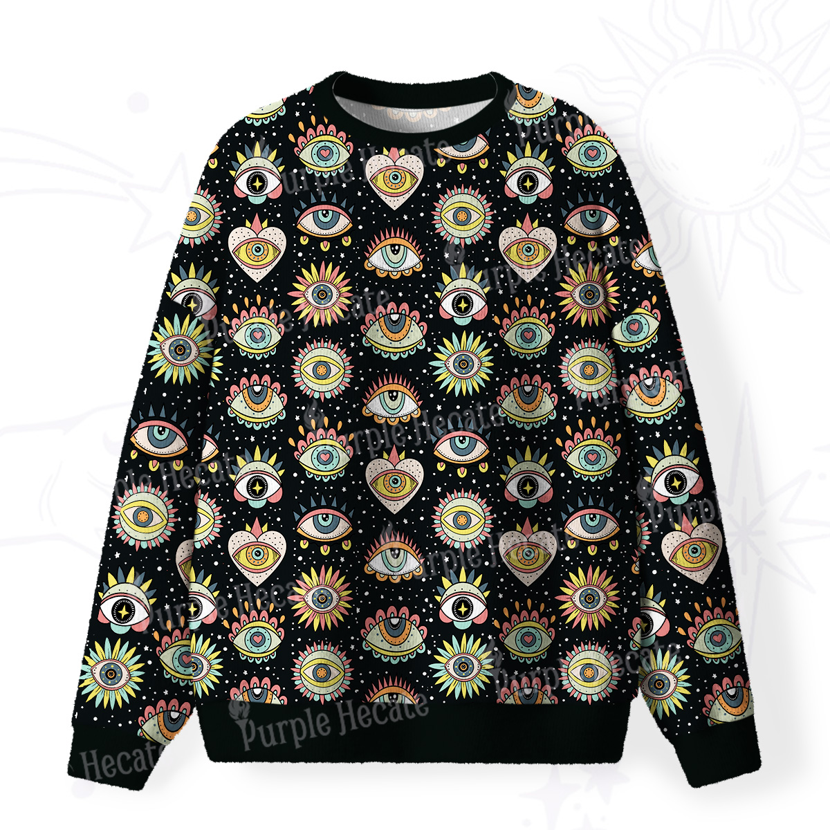 Purplehecate Mystical Evil Eye Pattern Fuzzy Ugly Sweatshirt