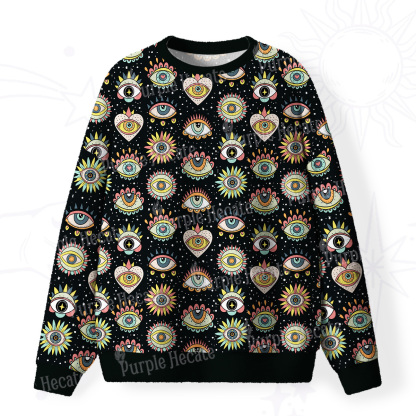 Purplehecate Mystical Evil Eye Pattern Fuzzy Ugly Sweatshirt