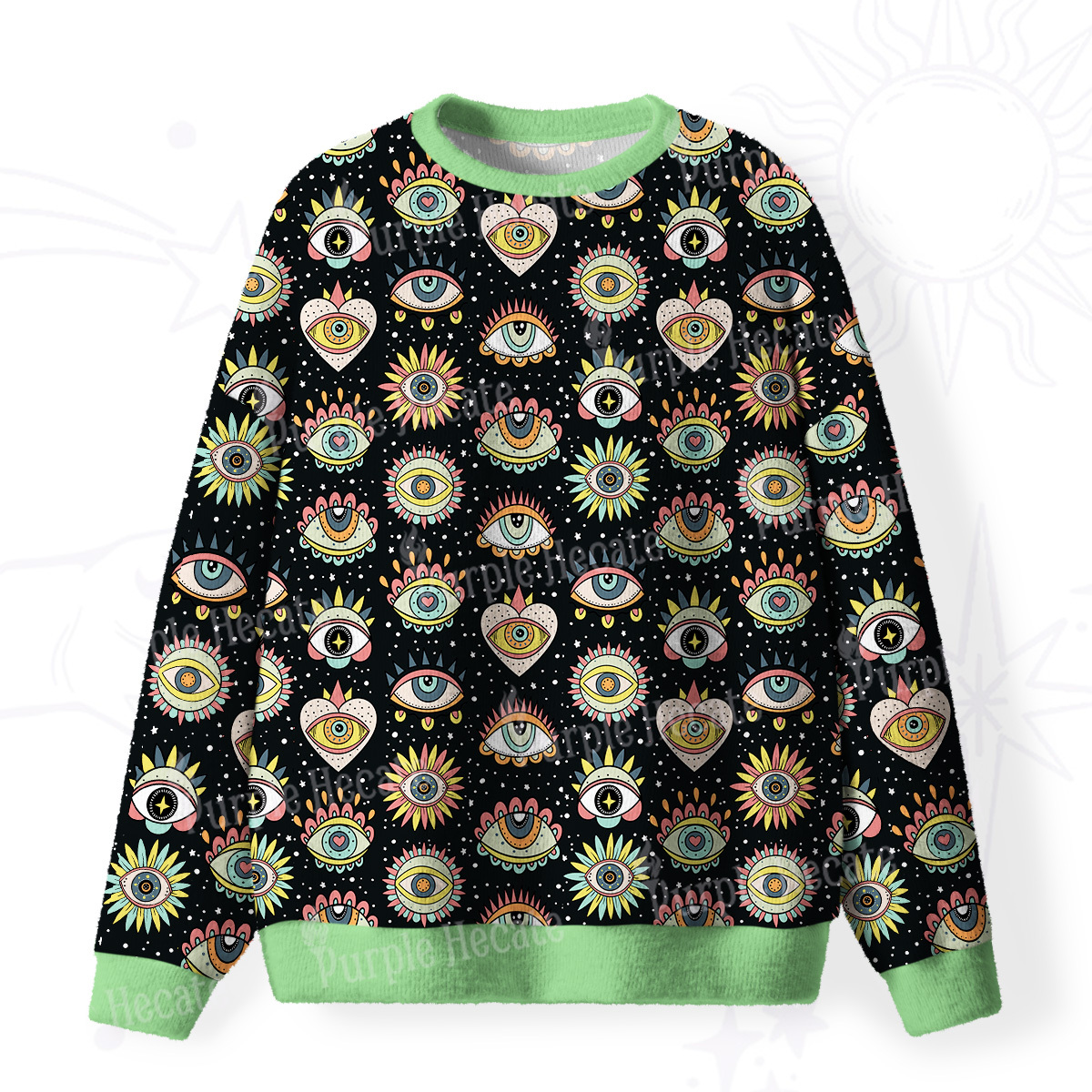 Purplehecate Mystical Evil Eye Pattern Fuzzy Ugly Sweatshirt