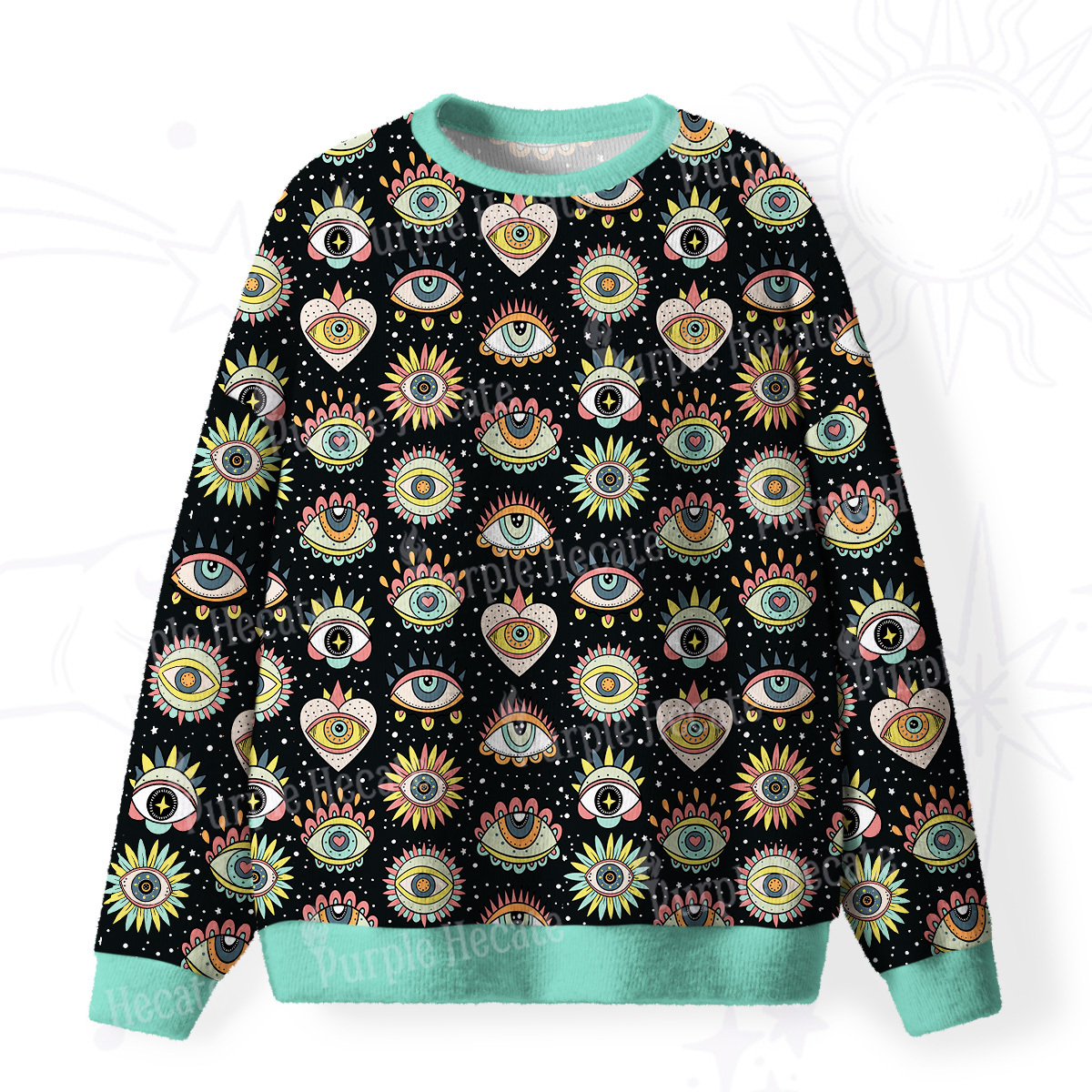 Purplehecate Mystical Evil Eye Pattern Fuzzy Ugly Sweatshirt