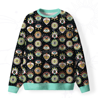 Purplehecate Mystical Evil Eye Pattern Fuzzy Ugly Sweatshirt