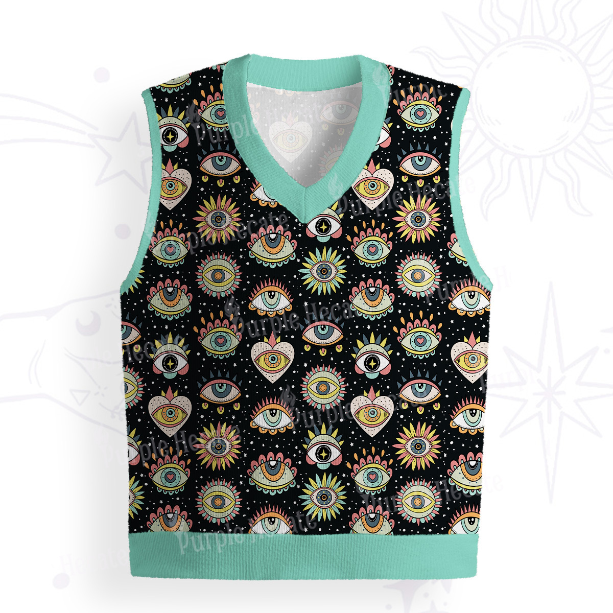 Purplehecate Mystical Evil Eye Pattern Ugly Sweater Vest