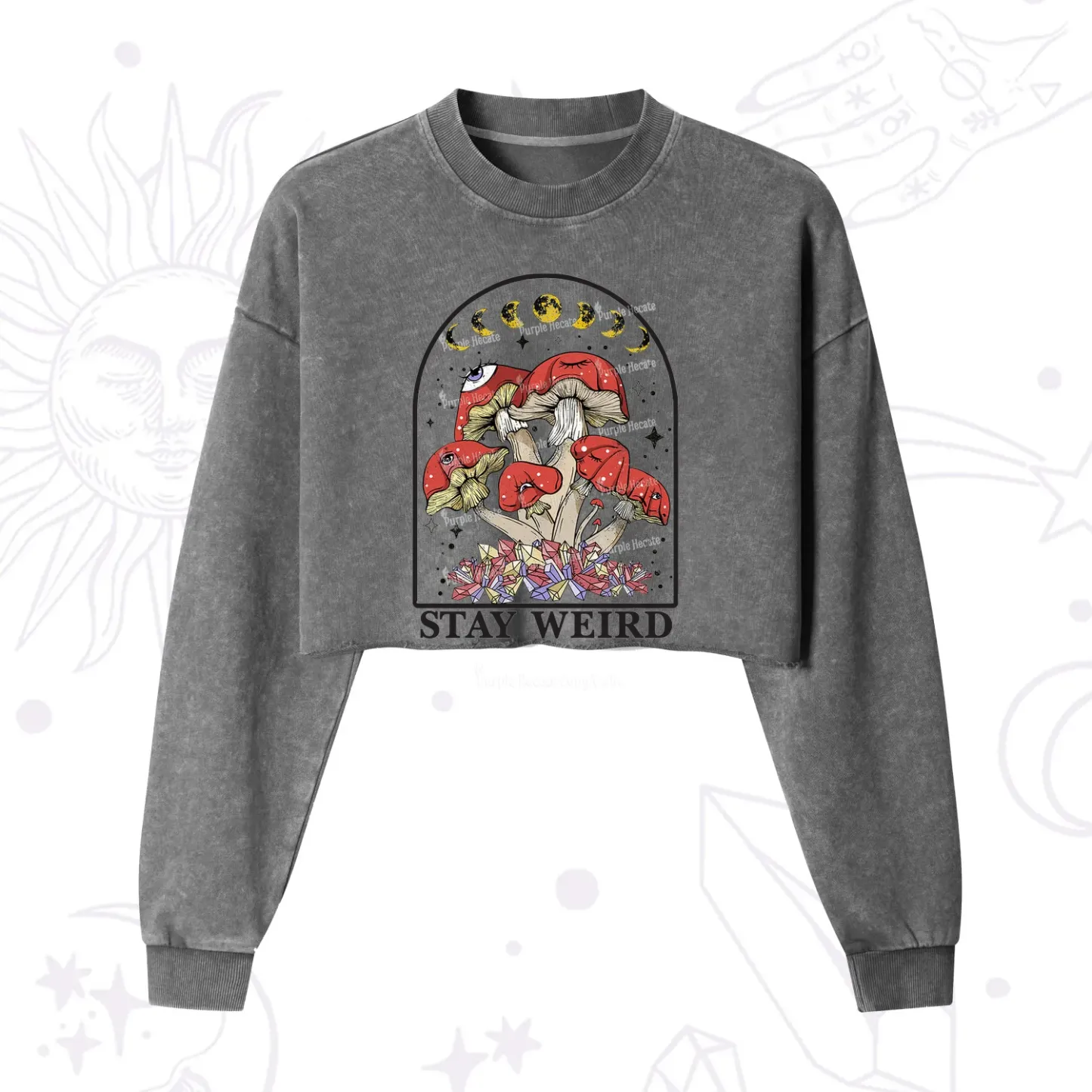 Purplehecate Stay Weird Mushroom Cropped Washed Sweatshirt