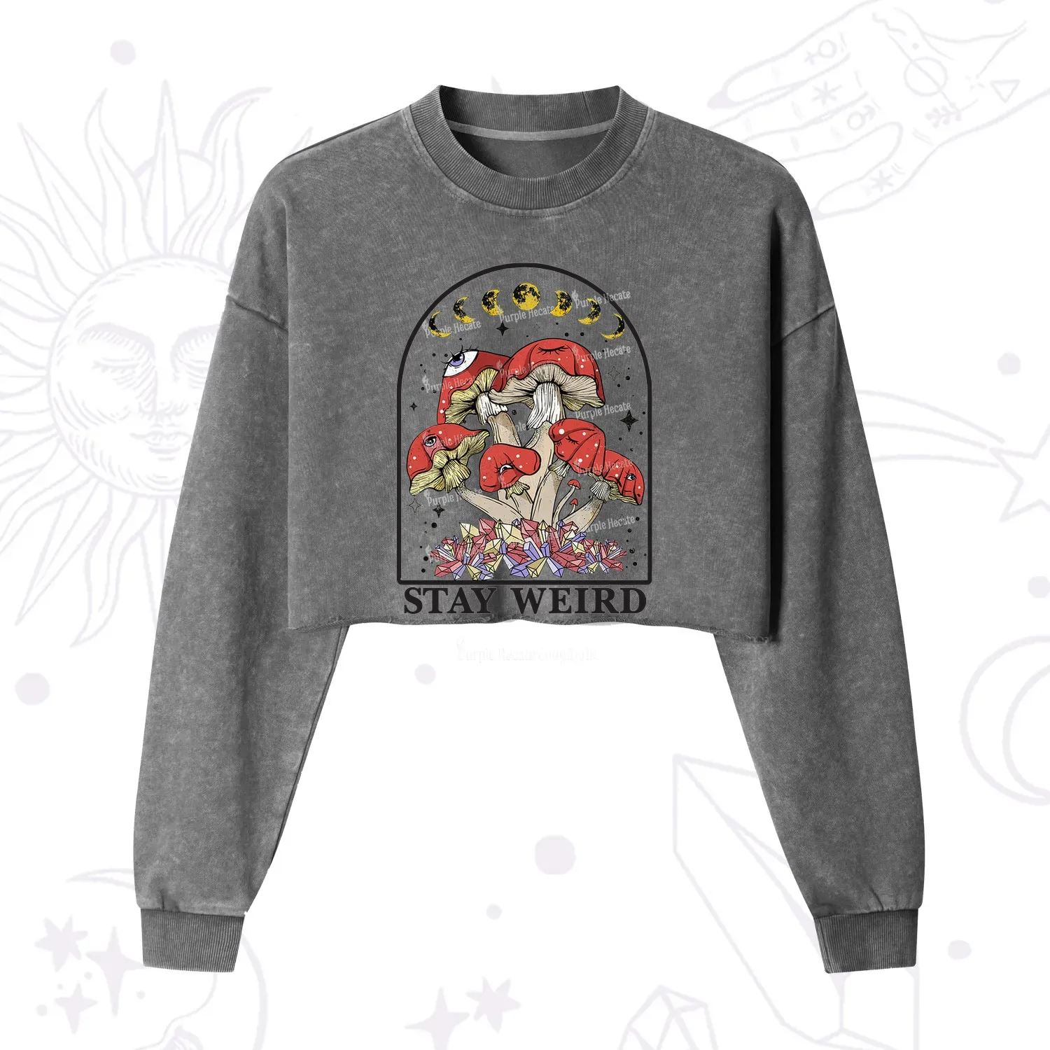 Purplehecate Stay Weird Mushroom Cropped Washed Sweatshirt