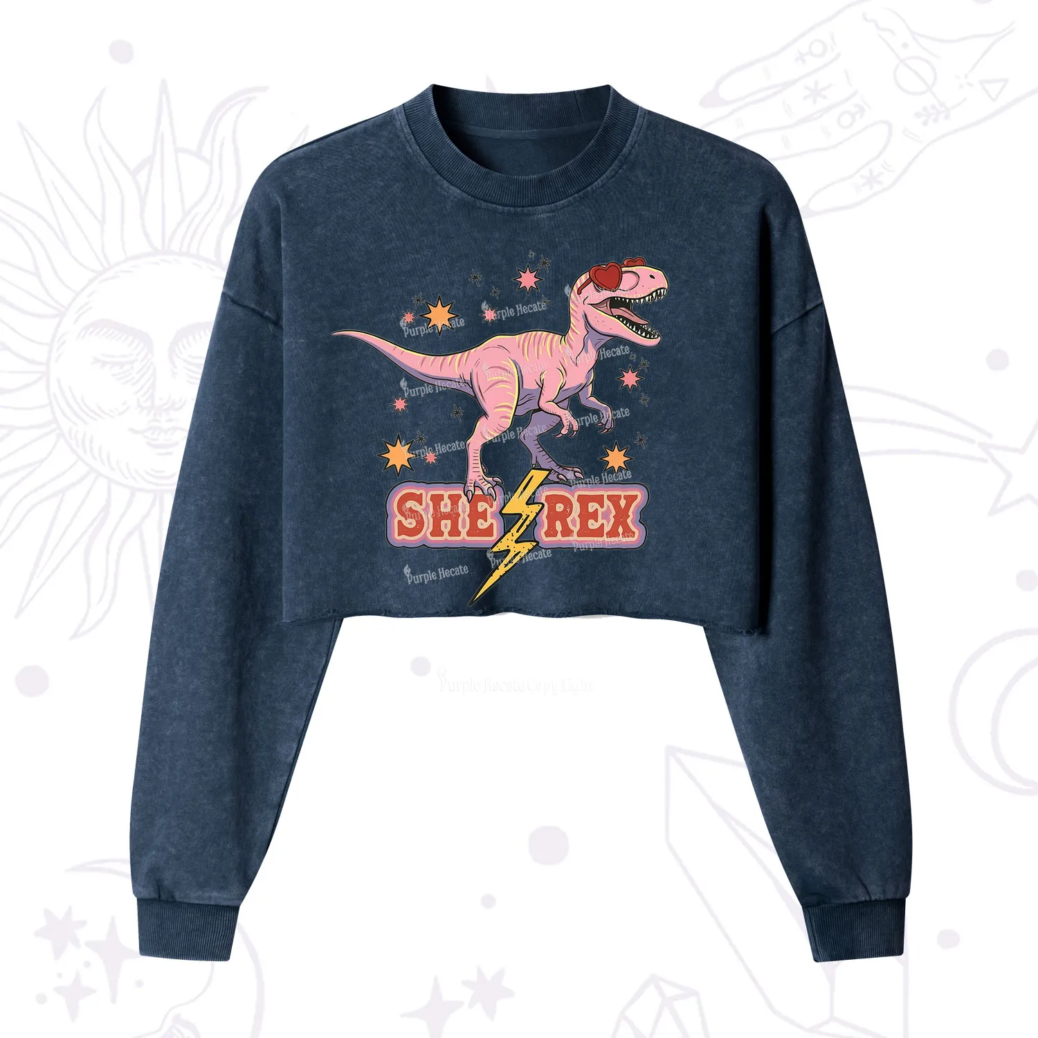 Purplehecate T Rex Dinosaur Girl Cropped Washed Sweatshirt