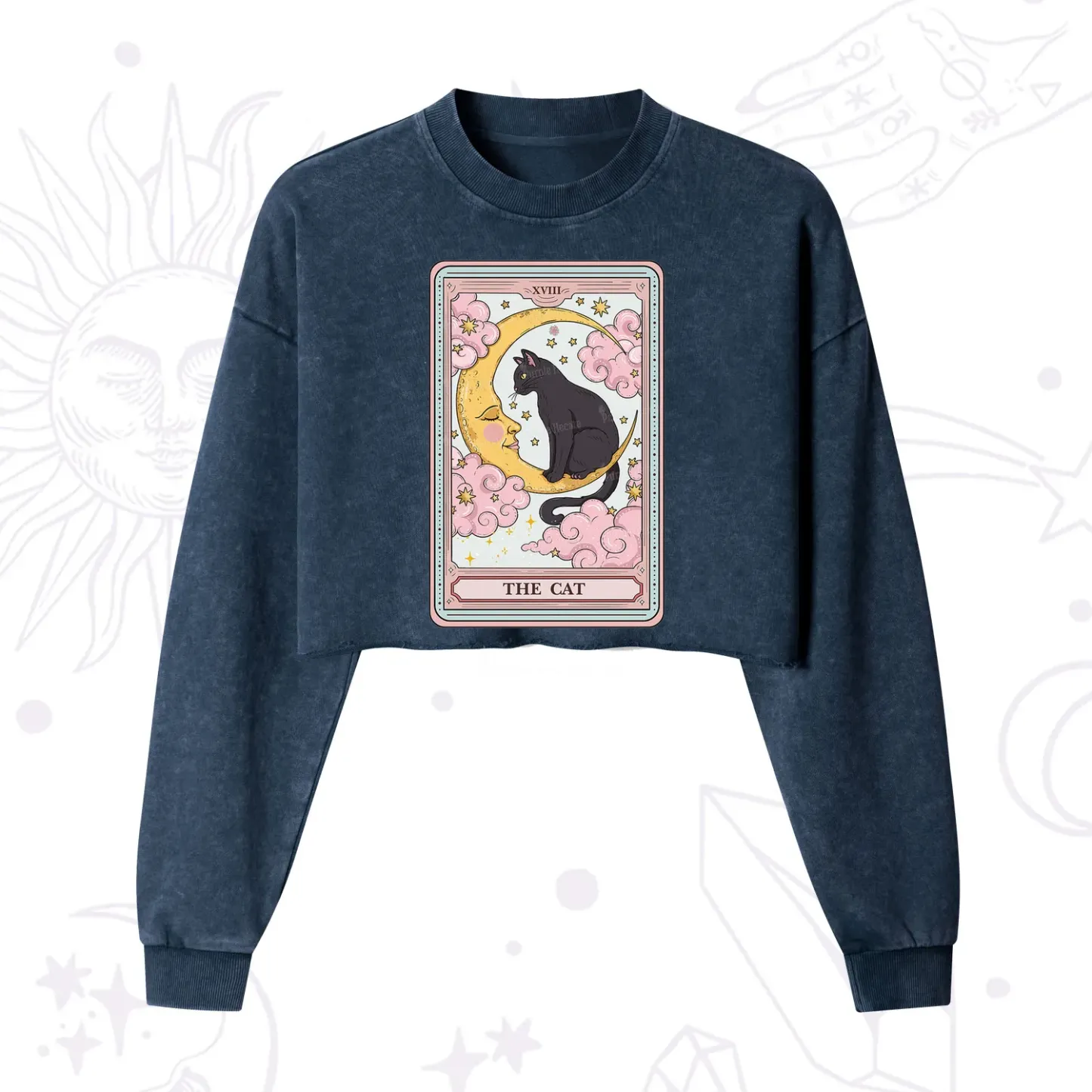 Purplehecate The Cat Tarot Card Cropped Washed Sweatshirt