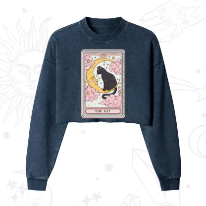 Purplehecate The Cat Tarot Card Cropped Washed Sweatshirt